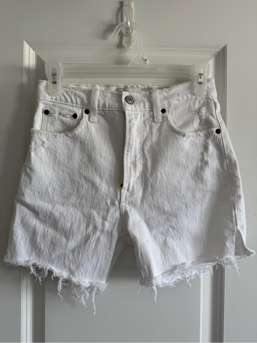 Abercrombie & Fitch White Frayed Hem Denim Shorts the skinny high rise